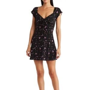 Abound Mini Dress Cap Sleeves V-Neckline Tie Front Floral Black/Purple W M NWT
